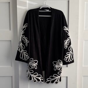 Chico's black long open coat cardigan with white embroidery